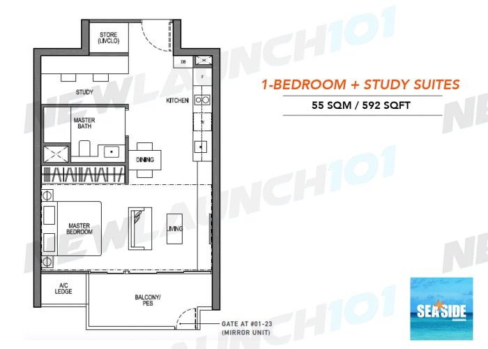 Seaside Residences Floor Plan 1-Bedroom Study 592