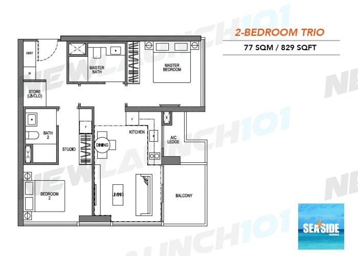 Seaside Residences Floor Plan 2-Bedroom Trio 829