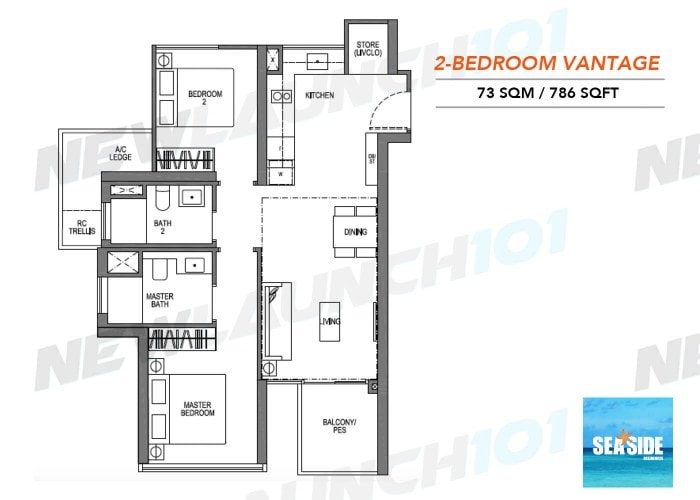 Seaside Residences Floor Plan 2-Bedroom Vantage 786