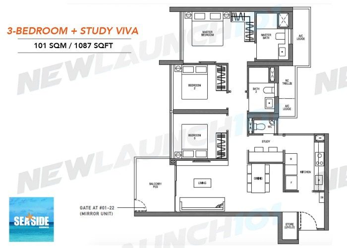 Seaside Residences Floor Plan 3-Bedroom Study Viva 1087