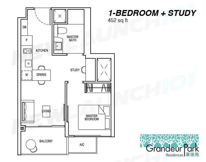 Grandeur Park Residences Floor Plan 1-Bedroom Study 452