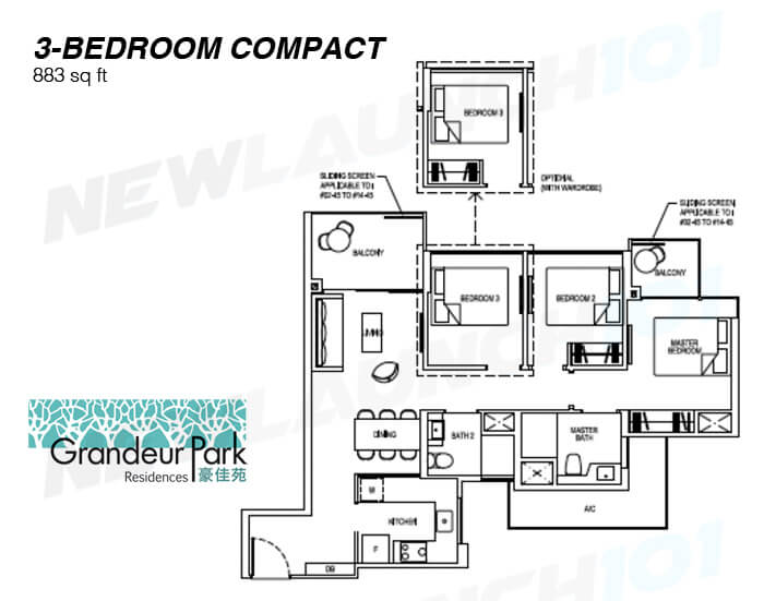 Grandeur Park Residences Floor Plan 3-Bedroom Compact 883