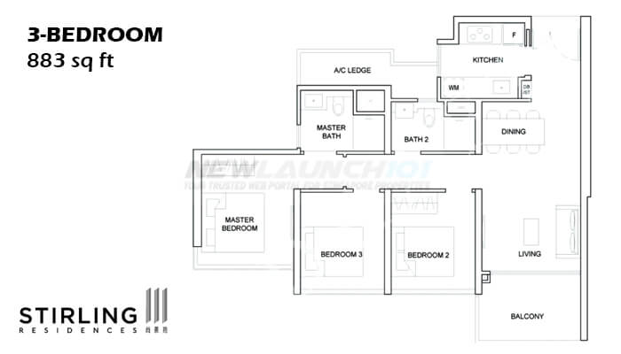 Stirling Residences Floor Plan 3-Bedroom 883