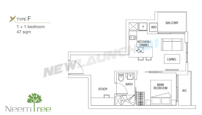 Neem Tree Floor Plan 1-Bedroom Study 506
