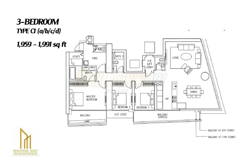 Marina Bay Residences Floor Plan 3-Bedroom Type C1