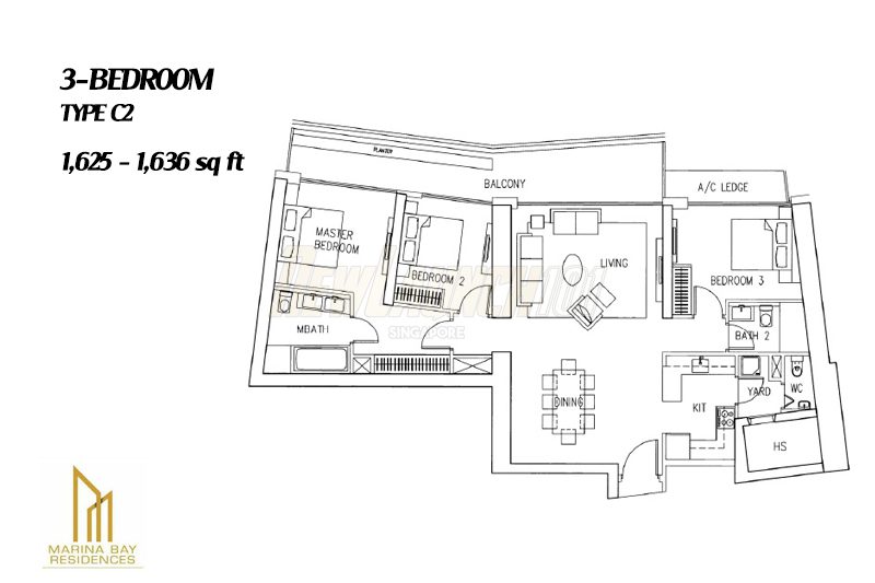 Marina Bay Residences Floor Plan 3-Bedroom Type C2
