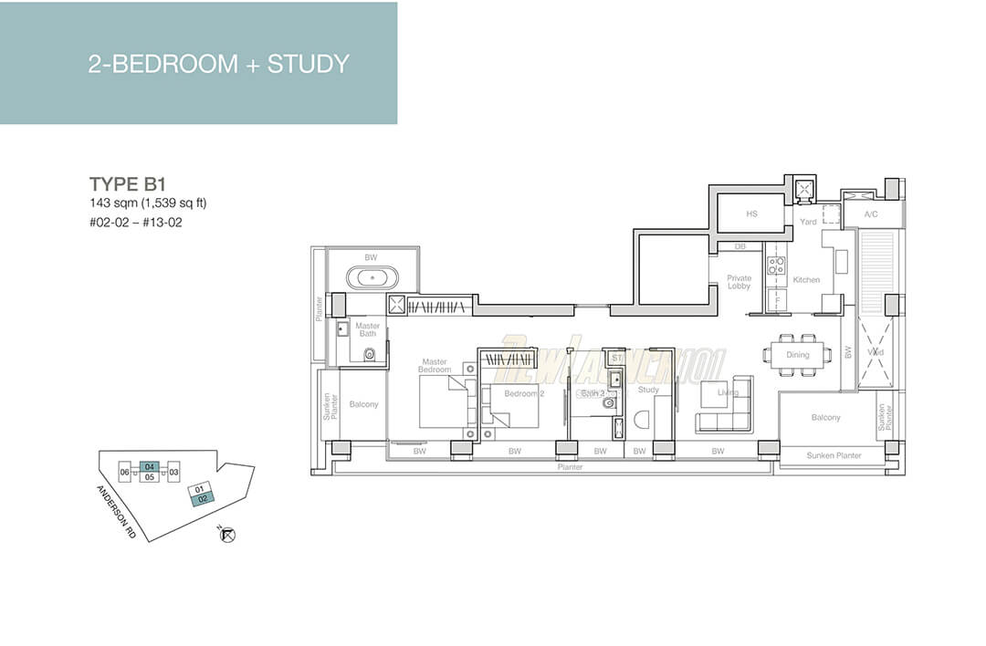 Nouvel 18 Floor Plan 2-Bedroom Study Type B1