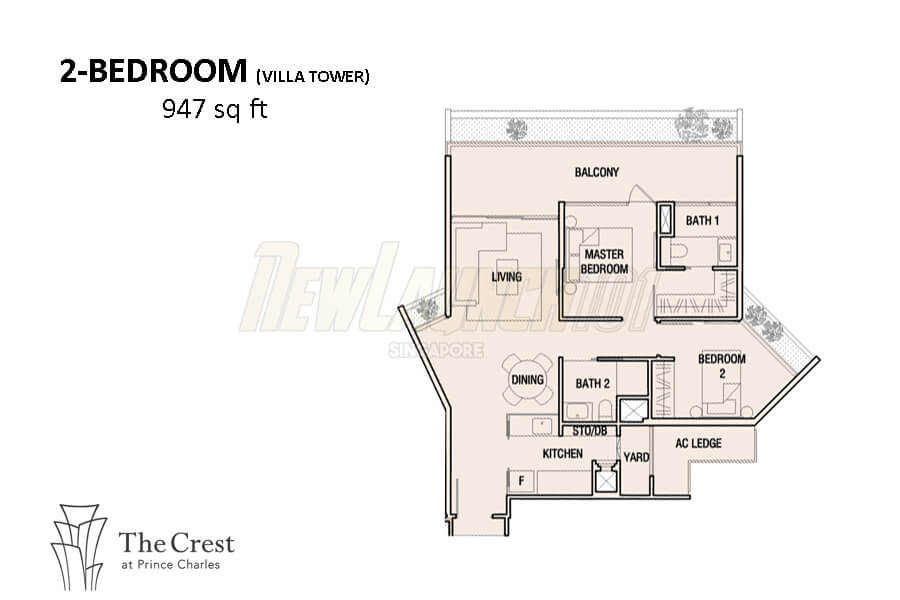 The Crest Floor Plan 2-Bedroom Villa 947