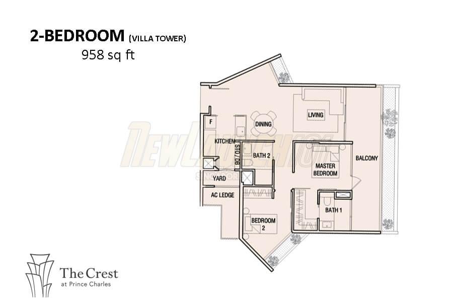 The Crest Floor Plan 2-Bedroom Villa 958