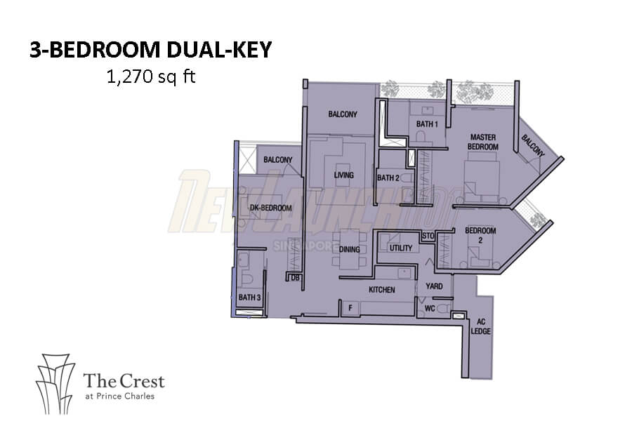 The Crest Floor Plan 3-Bedroom Dual Key 1270