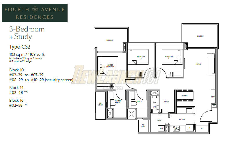 Fourth Avenue Residences Floor Plan 3-Bedroom Study Type CS2