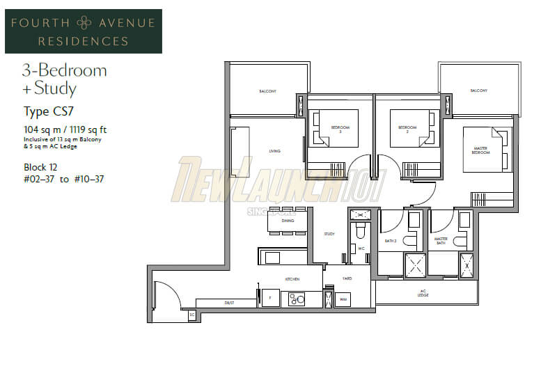 Fourth Avenue Residences Floor Plan 3-Bedroom Study Type CS7