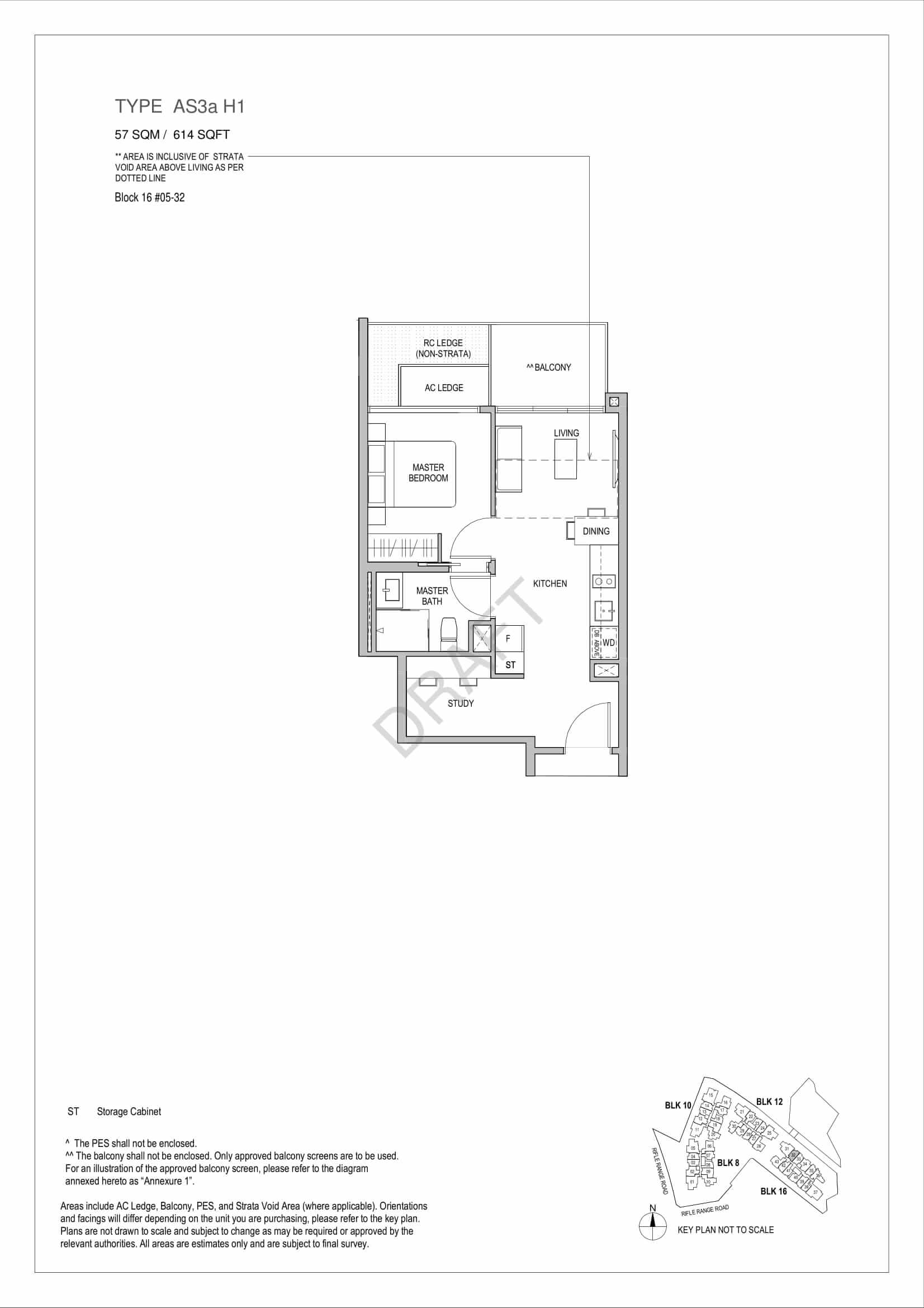 Mayfair Gardens - 1-Bedroom Study Floor Plan Type AS3a H1