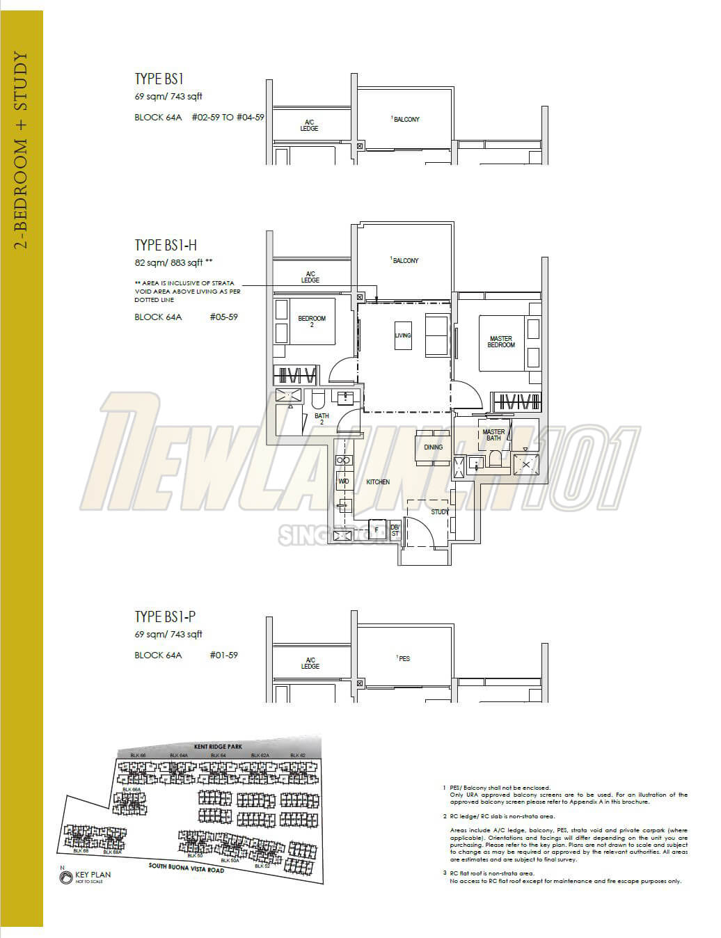 Kent Ridge Hill Residences Floor Plan 2-Bedroom Study Type BS1