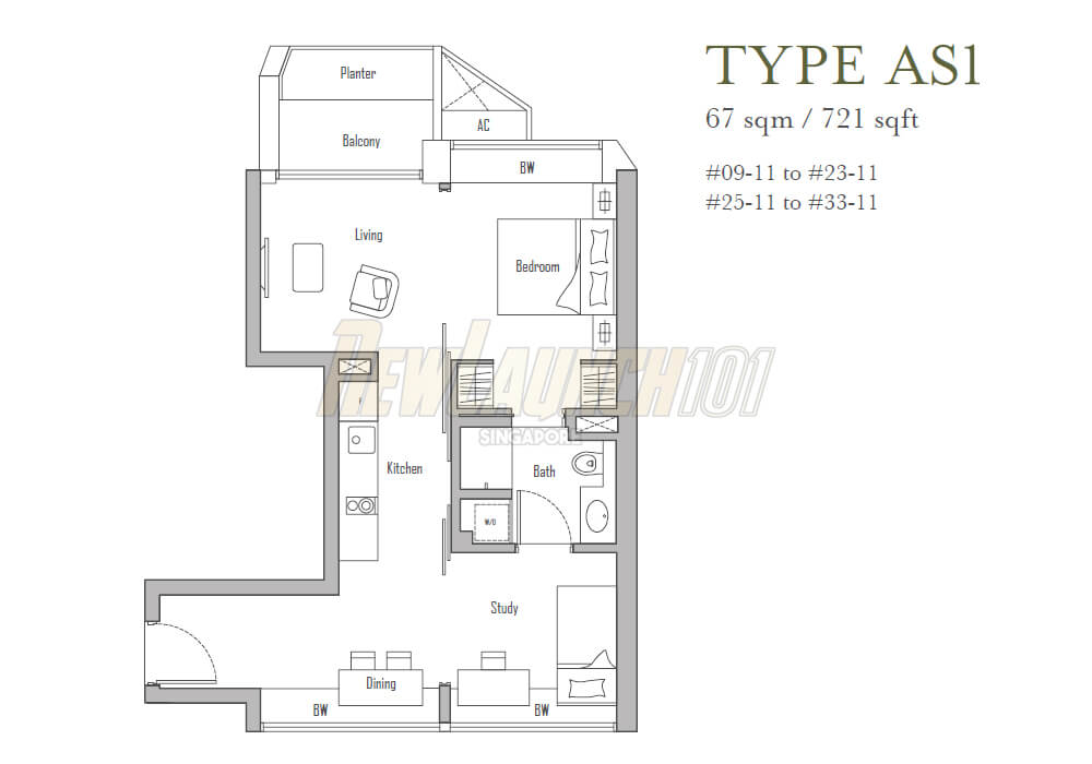 V on Shenton 1-Bedroom Study Floor Plan Type AS1
