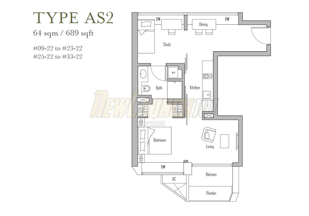V on Shenton 1-Bedroom Study Floor Plan Type AS2