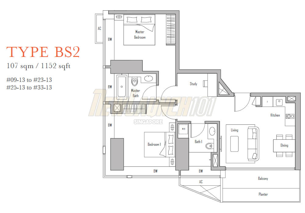 V on Shenton 2-Bedroom Study Floor Plan Type BS2