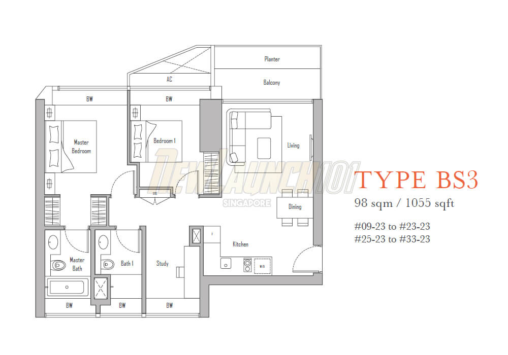 V on Shenton 2-Bedroom Study Floor Plan Type BS3