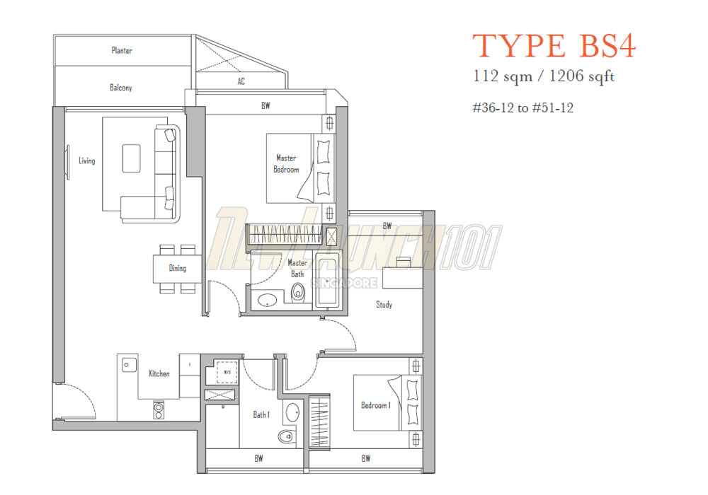 V on Shenton 2-Bedroom Study Floor Plan Type BS4